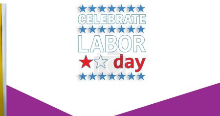 Foto de Image of labor day text over happy caucasian male workers with tools. labor day and celebration concept digitally generated image. - Imagen libre de derechos