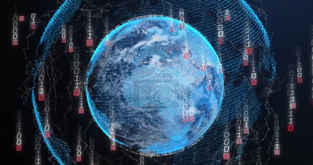 Imagen de códigos binarios fallidos que caen sobre puntos conectados en todo el mundo sobre fondo negro. Concepto generado digitalmente, holograma, ilustración, globalización, aprendizaje automático y tecnología.
