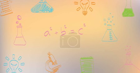 Foto de Imagen de múltiples iconos del concepto de ciencia contra el espacio de copia sobre fondo de gradiente naranja. Concepto de escuela y educación - Imagen libre de derechos