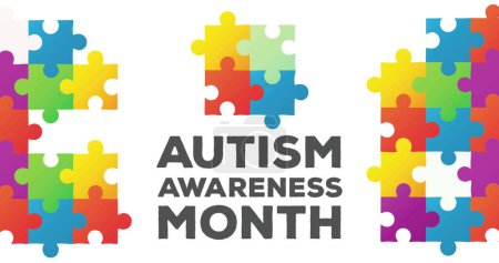 Téléchargez les photos : Image of colourful puzzle pieces and autism awareness month text. autism, learning difficulties, support and awareness concept digitally generated image - en image libre de droit