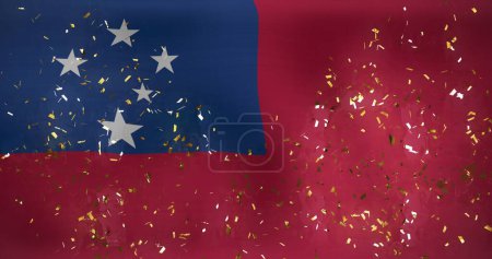 Téléchargez les photos : Image de confettis tombant sur le drapeau agitant des samoa en arrière-plan. Généré numériquement, hologramme, illustration, liberté, fête, célébration, événement et patriotisme concept. - en image libre de droit