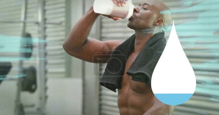 Téléchargez les photos : Image d'un traitement de données sur des hommes afro-américains buvant de l'eau. concept semaine nutrition et hydratation image générée numériquement. - en image libre de droit