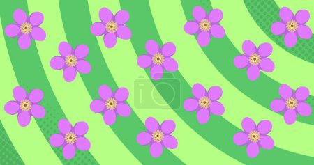 Flores púrpuras esparciéndose a través de rayas onduladas verdes. Colores brillantes que forman un patrón alegre y vibrante