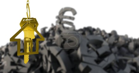 Image of key in house keychain over 3d pilled up euro symbols against white background. Digitally generated, hologram, illustration, house keys, currency, banking and finance concept.