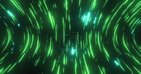 Green lights radiating outward, forming vibrant tunnel effect. They captivating viewers, drawing attention toward center