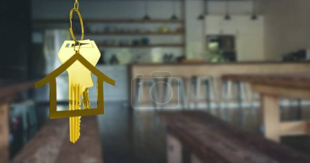 Image of hanging golden house keys against interior of a bar. Interior designing and real estate concept