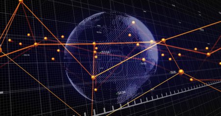 Imagen de gráfico de línea roja que muestra pérdida sobre el globo con puntos conectados y lenguaje de programación. Generado digitalmente, inflación, crisis, recesión, globalización, codificación, codificación, tecnología.