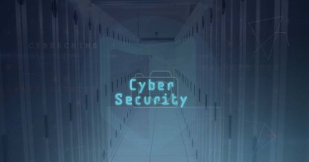 Showing digital representation of cybersecurity focusing on data protection. The background features a corridor of server racks, emphasizing importance of secure data storage