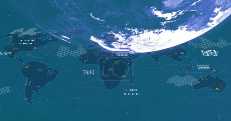 Digital Earth map displays data points and network connections across continents. Hexagonal and circular icons are highlighting specific areas on map