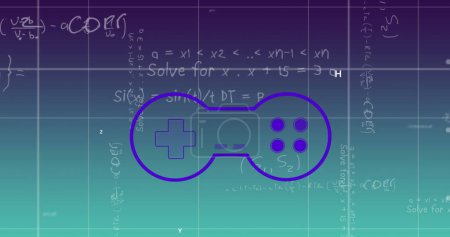 Mathematical equations and formulas appearing on purple background. A purple game controller overlaying, blending gaming with education