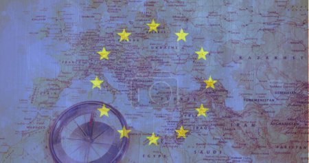 Compass resting on Europe map, yellow stars marking spots. Yellow stars highlighting countries on blue background, guiding travelers
