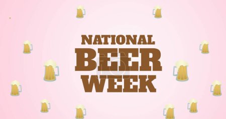 Tazas de cerveza formando círculo alrededor del texto de la Semana Nacional de la Cerveza. Fondo rosa suave que realza el ambiente festivo. Cada taza se suma de forma única a la atmósfera alegre, lo que garantiza la claridad y el atractivo