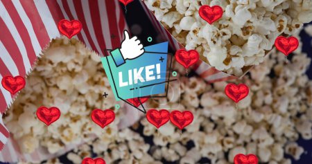 Image of like text and icon over red hearts and popcorn. Entertainment, love, popularity, social network, connection, digital interface and communication, digitally generated image.