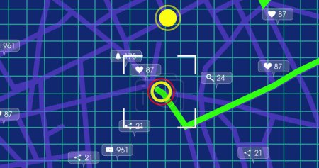 Bild von Social-Media-Symbolen über Navigationskartenlinien vor blauem Hintergrund. Navigationstechnikkonzept Gps