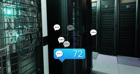 Image of message icons with increasing numbers against computer server room. Social media networking and business data storage technology concept