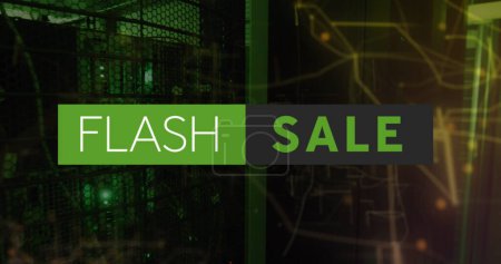 Image of flash sale text and navigation pattern over data server systems in server room. Digital composite, multiple exposure, discount, shopping, data center, networking and technology concept.