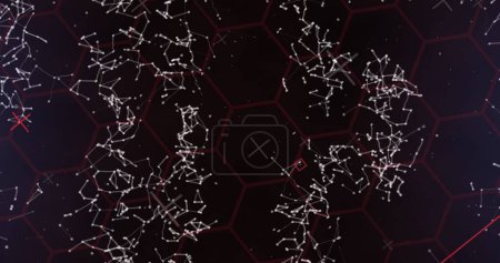 White constellations connecting across dark hexagonal background. Red lines and symbols subtly enhancing intricate celestial map, creating a vivid display