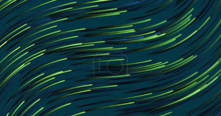 Image of green light trails over blue background. Shapes, colour, pattern and movement concept digitally generated image.