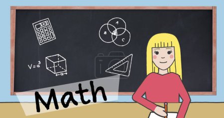 Una chica rubia de pie frente al fondo negro, sosteniendo un pedazo de tiza. Pizarra que muestra símbolos y diagramas matemáticos, capturando un momento de aprendizaje