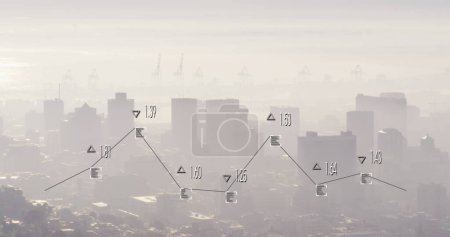 Image of graph with changing numbers and viewfinders over modern cityscape against cloudy sky. Digital composite, multiple exposure, report, business, growth, buildings and architecture concept.