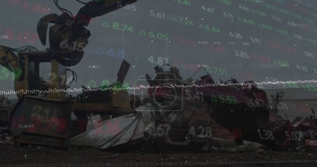 Image of stock market data processing against hydraulic lifting machine operating at junkyard. Global economy and recycling technology concept
