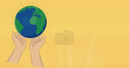 Image of globe with hands and cross on yellow background. global environment, green energy and digital interface concept digitally generated image.