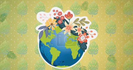 Bild eines Globus mit Blüten über Blättern. Globale Umwelt, grüne Energie und digitales Schnittstellenkonzept digital erzeugtes Bild.