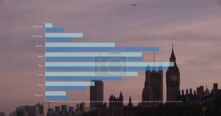 Bild der statistischen Datenverarbeitung gegen Luftaufnahme des Stadtbildes. Computerschnittstelle und Geschäftsdaten-Technologie-Konzept