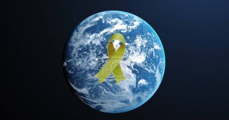 Image de ruban jaune sur le globe sur fond bleu, espace de copie. Concept de journée mondiale de prévention du suicide image générée numériquement
