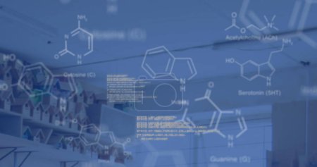 Image of chemical structures and data processing over laboratory. Global science, computing and data processing concept digitally generated image.
