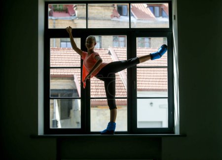 Foto de Silhouette of a young ballerina on the window sill, roof in the background. Concept of healthy lifestyle - Imagen libre de derechos