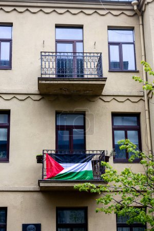 Syrian flag in the city of Kaunas, on the balcony. Lithuania