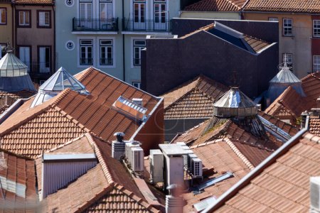 View from above of tiled roofs of the old town of Porto, Portugal.