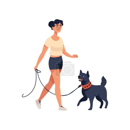 Ilustración de Mujer paseando perro con correa icono aislado - Imagen libre de derechos