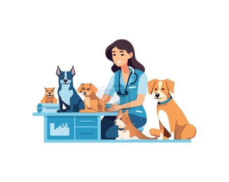 Lindos cachorros sentados con sonriente veterinario aislado