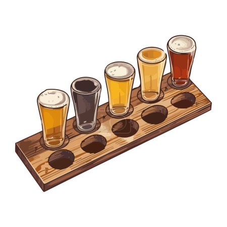 Illustration for Foamy beer mugs on wooden table background icon isolated - Royalty Free Image