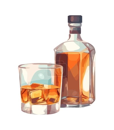 Whiskey bottle and glass on ice background icon isolated