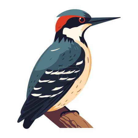 Ilustración de Pequeño pájaro carpintero posado en la rama en el icono del bosque aislado - Imagen libre de derechos
