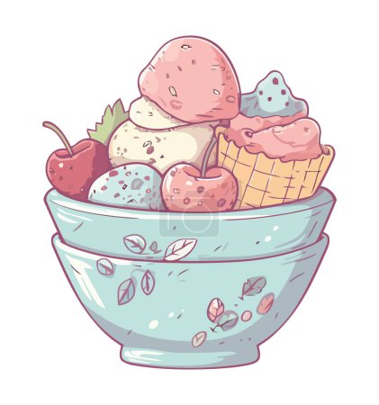 Illustration for Bowl with ice cream and fruits snacks icon isolated - Royalty Free Image