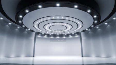 Foto de Escena mínima moderna para la exhibición o presentación del producto con luz. Fondo pedestal futurista escaparate. Renderizado 3D. - Imagen libre de derechos