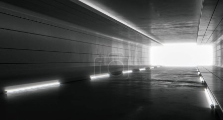 Foto de Futurista túnel iluminado interior con luz. Resumen Futuro diseño de fondo. Tecnología Ciencia ficción concepto de alta tecnología. renderizado 3d - Imagen libre de derechos
