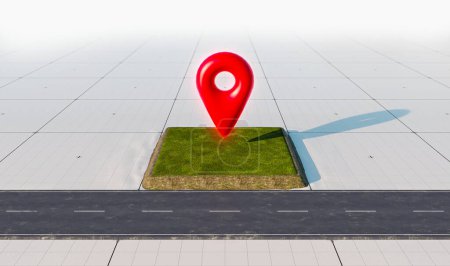 Téléchargez les photos : Terrain à vendre et route avec icône de broche de localisation. Grand symbole de pointeur de carte rouge sur l'herbe verte. Concept d'investissement immobilier ou immobilier, rendu 3d - en image libre de droit