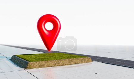 Téléchargez les photos : Terrain à vendre et route avec icône de broche de localisation. Grand symbole de pointeur de carte rouge sur l'herbe verte. Concept d'investissement immobilier ou immobilier, rendu 3d - en image libre de droit