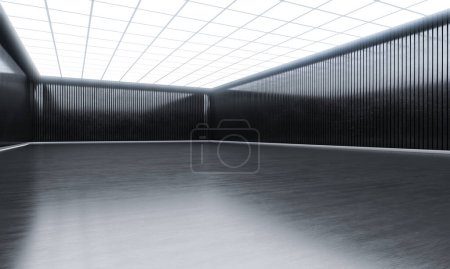Téléchargez les photos : Espace ouvert vide moderne avec des lumières sur le dessus. Hall d'exposition et mur noir. rendu 3D - en image libre de droit
