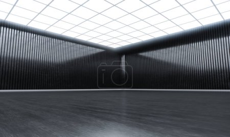 Photo for Modern empty open space with lights on top. Showroom hall and black wall.  3D rendering - Royalty Free Image