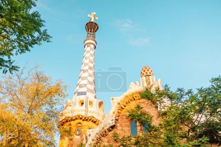 Photo for View of the city from Park Guell in Barcelona, Spain with sunrise colors. High quality photo - Royalty Free Image