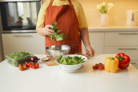 Senior 60s blond Caucasian smiling woman holding a knife and fresh spinach whole preparing a bowl of healthy diet salad in her rustic eco kitchen. High quality photo