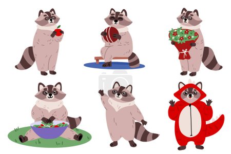 Cute cartoon raccoon set. Raccoon with Dexterous Front Paws and Ringed Tail. Emotion little raccoon. Cartoon animal character design.