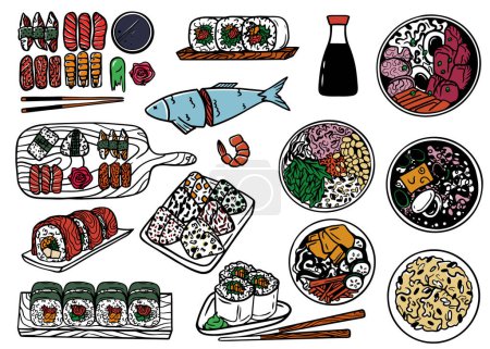 Illustration for Sushi set. Asian Japanese food. Japan rolls, maki, uramaki. Chinese, korean, japanese rice, noodles, fish and meat dishes. Doodle asian japanese cuisine traditional delicious food. - Royalty Free Image