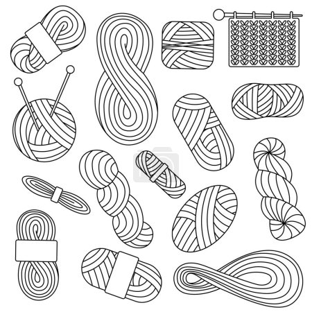 Large set of yarn black line set for crocheting, knitting needles in doodle. . Spool and bobbin outline. Dressmaking needlework tools.